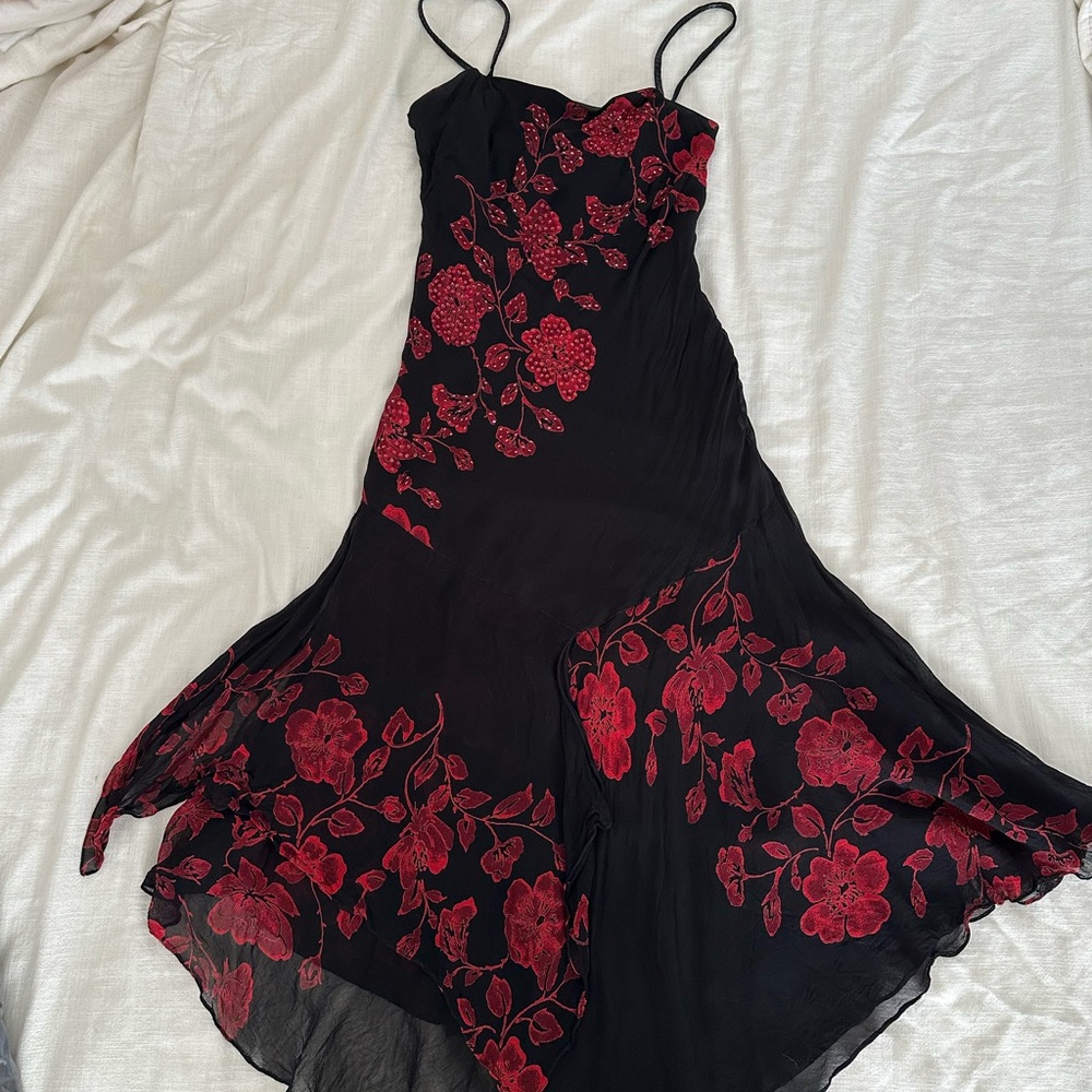 Vintage Eva Blue Bias Cut Dress Dark Fairy Black With Red Roses Beaded Medium - Picture 8 of 10